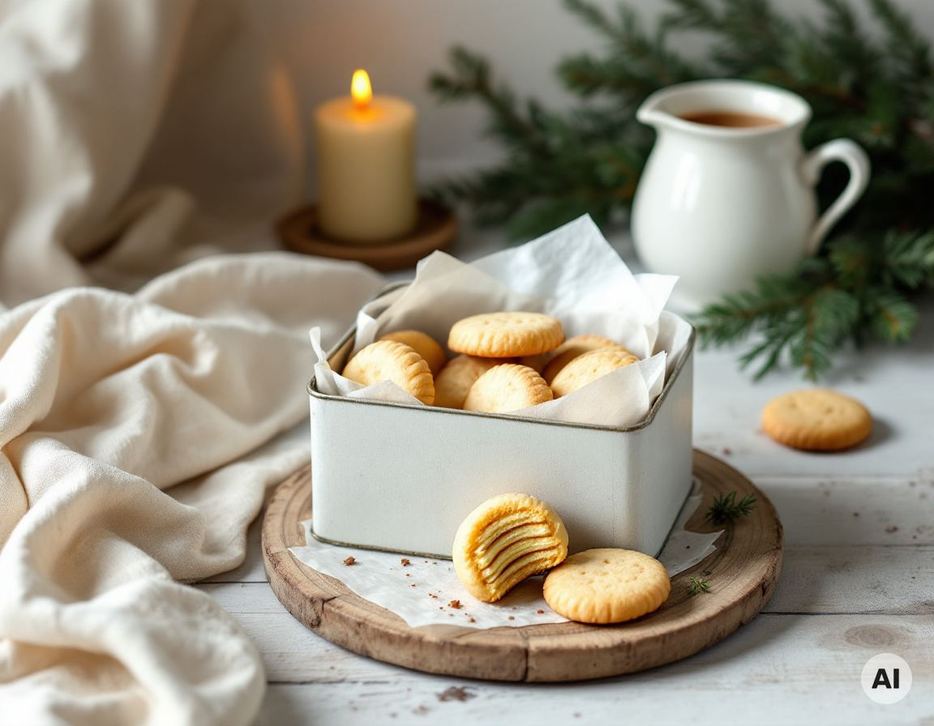 Butterplätzchen in der Blechdose mit Backpapier zwischen den Lagen
