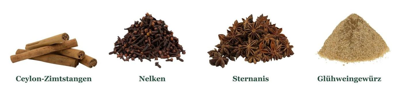 Gewürze für Feuerzangenbowle: Ceylon-Zimtstangen, Nelken, Sternanis und Glühweingewürz