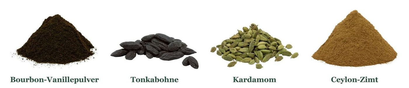 Gewürze für Kokosmakronen: Bourbon-Vanillepulver, Tonkabohnen, Kardamom und Ceylon-Zimt
