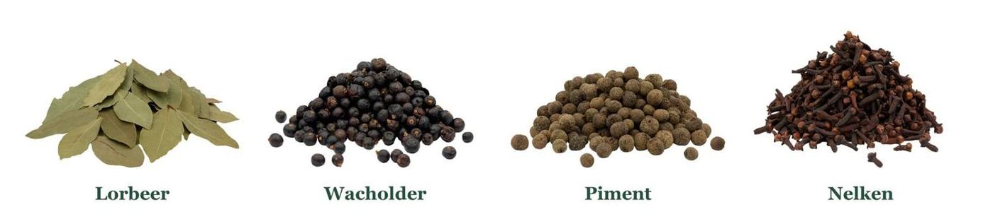Gewürze für Tafelspitz: Lorbeerblätter, Wacholderbeeren, Piment und Nelken