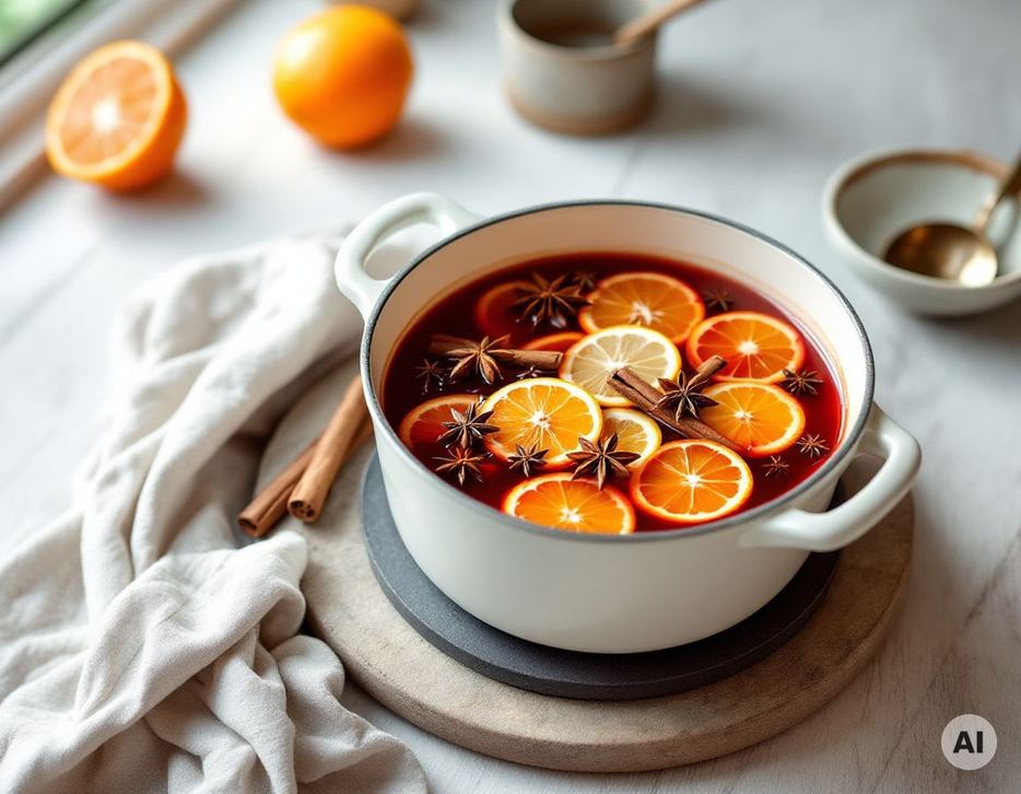 Gewürzwein für Feuerzangenbowle mit Orangen, Zimt und Sternanis auf dem Rechaud