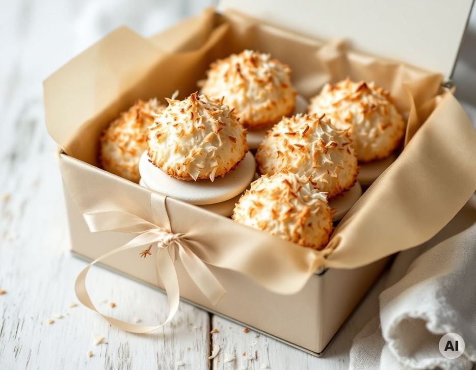 Kokosmakronen in einer Blechdose als Geschenk verpackt