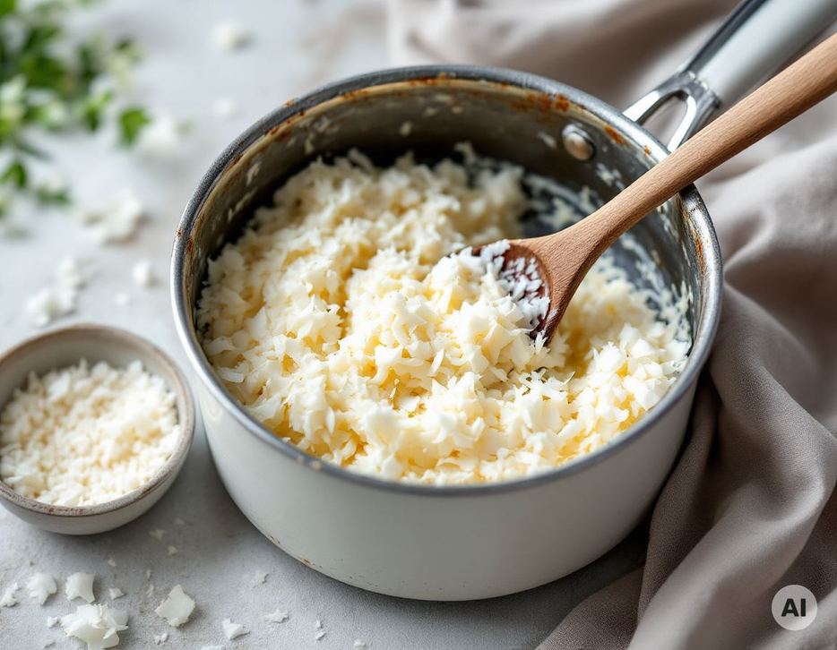 Kokosmakronen-Masse wird im Topf abgeröstet