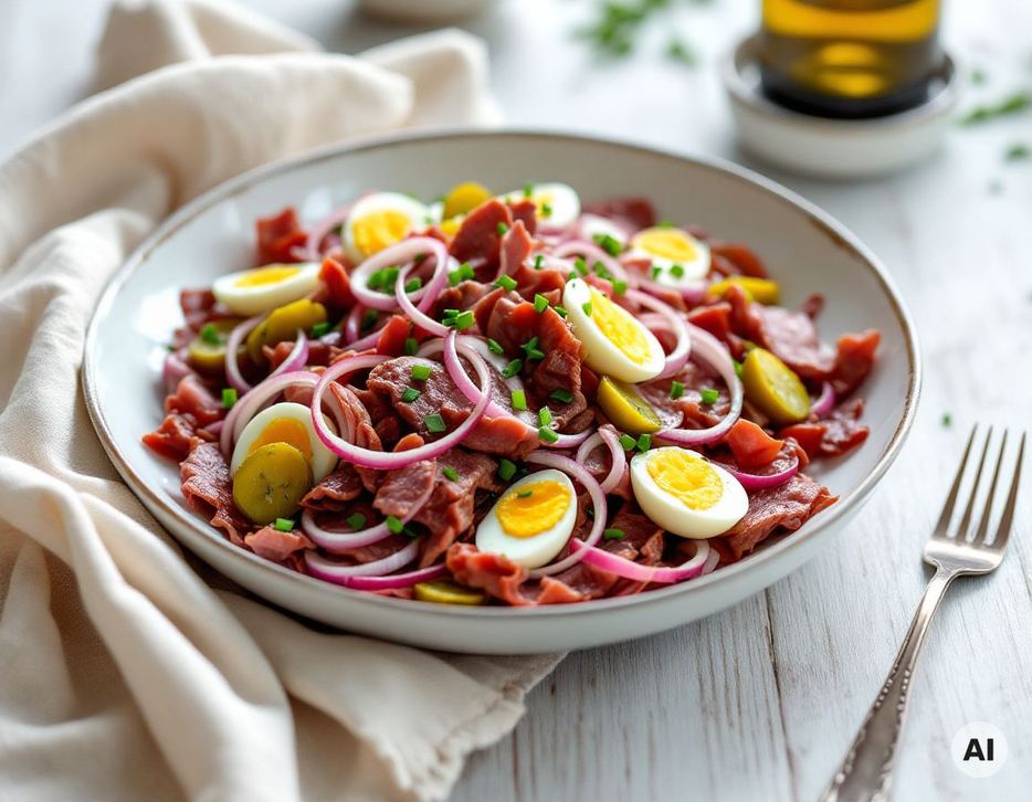 Rindfleischsalat aus Tafelspitz-Resten mit Kernöl und roten Zwiebeln