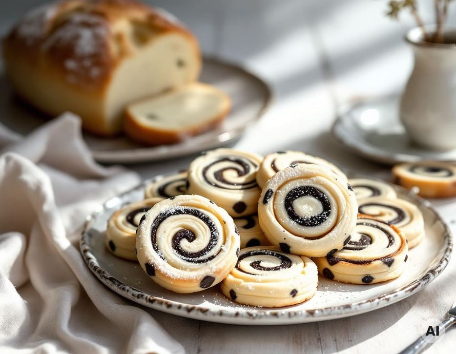 Schwarz-Weiß-Butterplätzchen als Schnecken und Schachbrett