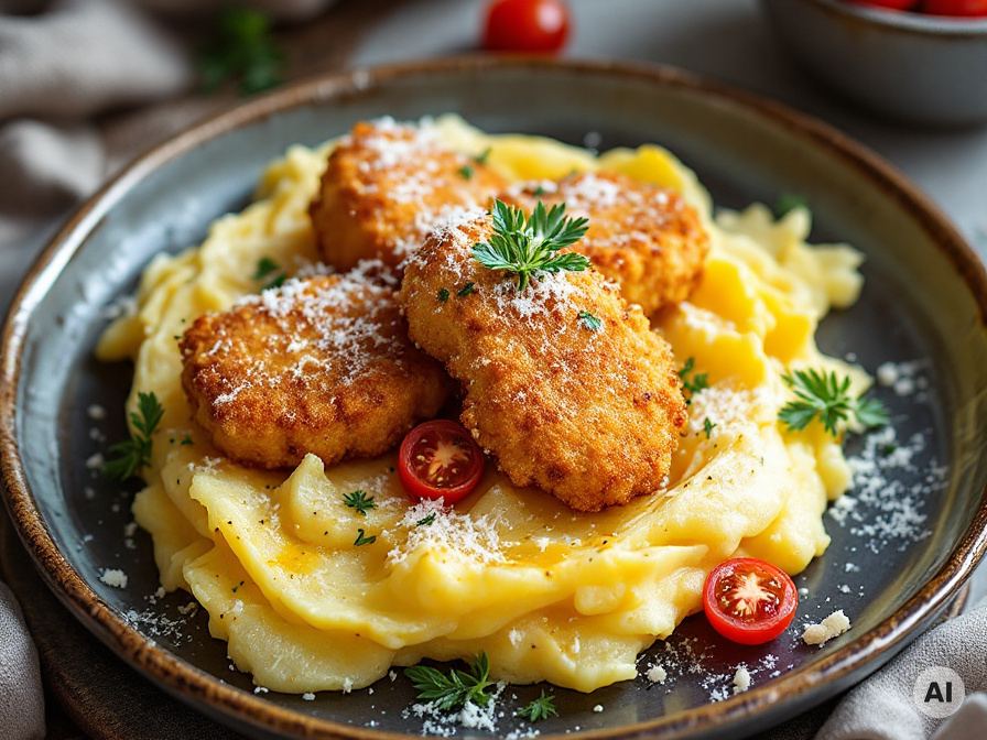 Einfache Quetschkartoffeln mit selbstgemachten Chicken Nuggets Rezept