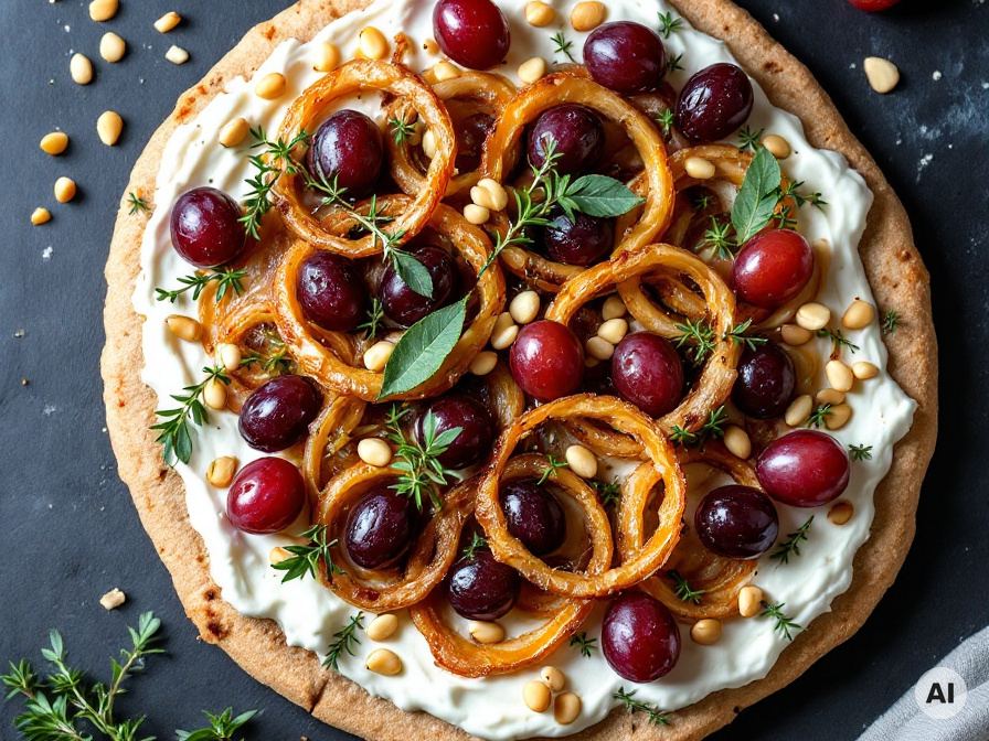 Flammkuchen mit Zwiebeln, Trauben und Thymian Rezept