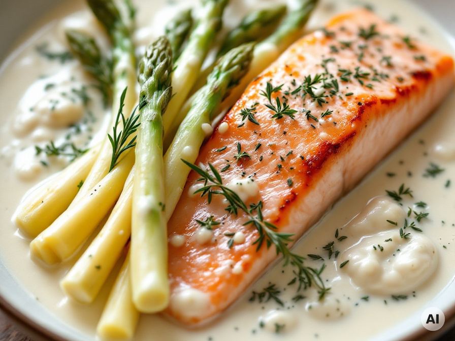 Lachs in Frischkäsesauce mit weißem Spargel Rezept