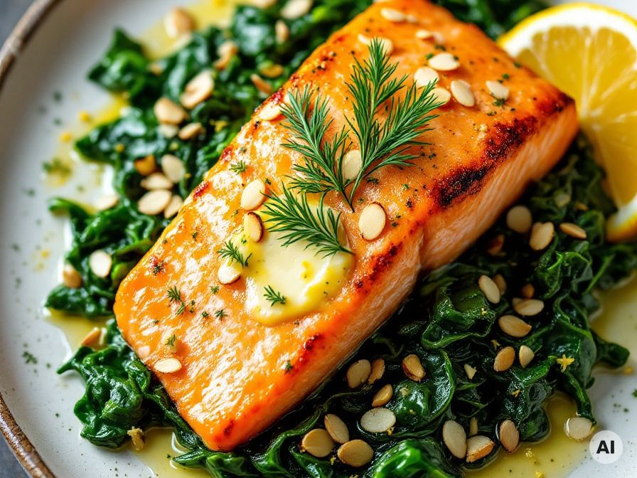 Gebratenes Lachsfilet auf frischem Blattspinat Rezept