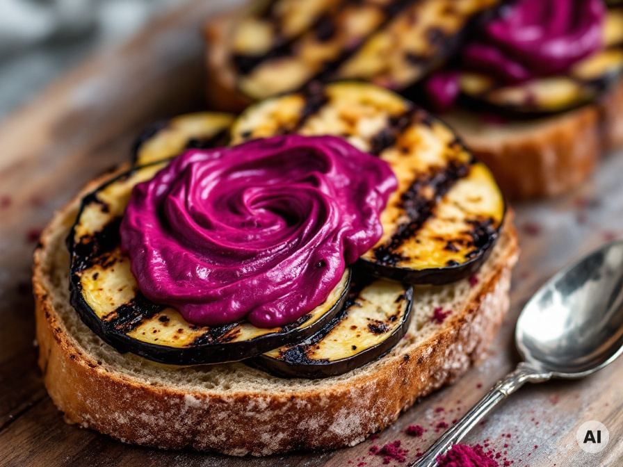Gegrillte Aubergine mit Rote Bete Creme auf Brot Rezept