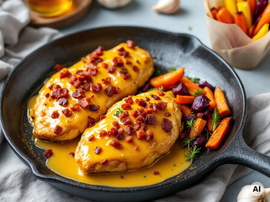 Hähnchen in Honig Senf Soße mit Gemüse Pommes – Rezept