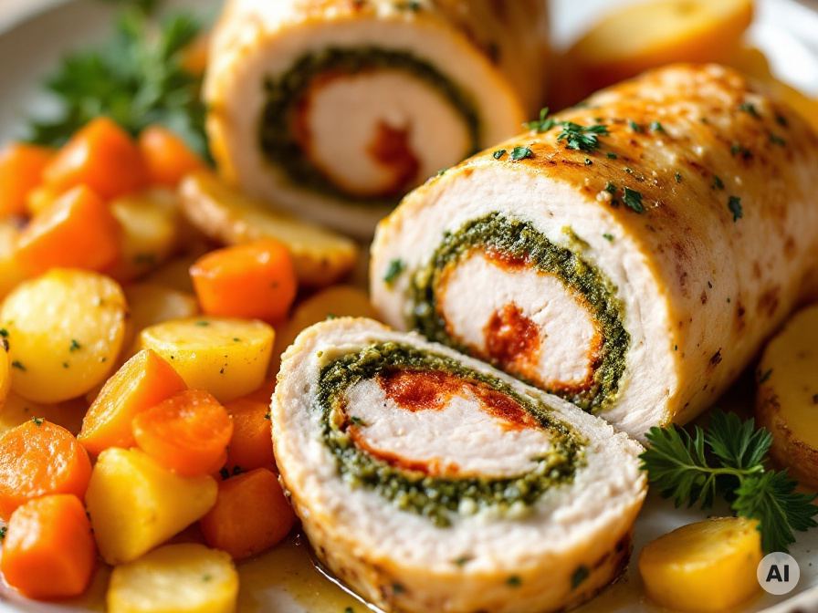 Hähnchenrouladen gebackenen Möhren und Kartoffelscheiben Rezept