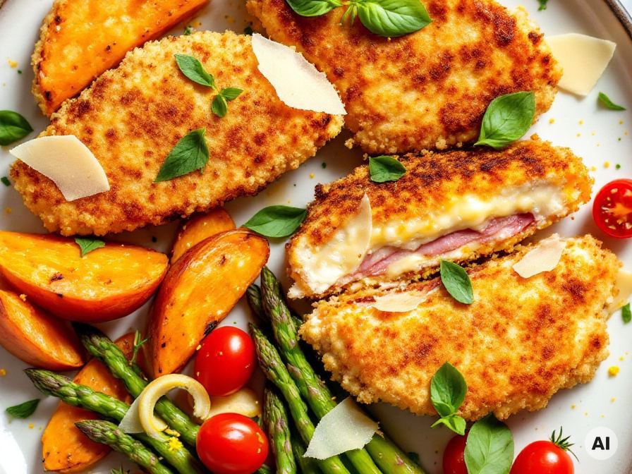 Hähnchen Cordon Bleu mit angedicktem Gemüse Rezept