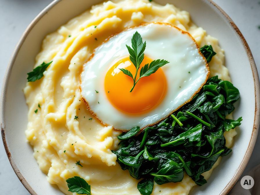 Kartoffelpüree mit Spiegelei und Spinat – Rezept