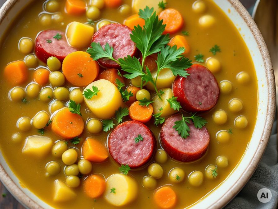 Klassische Erbsensuppe mit Würstchen – Rezept
