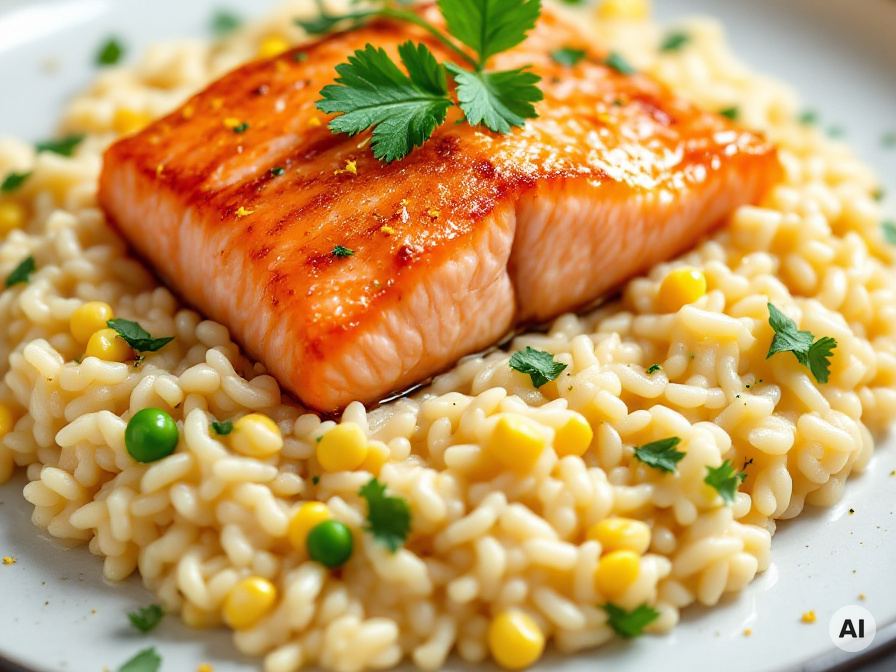 Lachs auf Risotto mit Gemüse Rezept