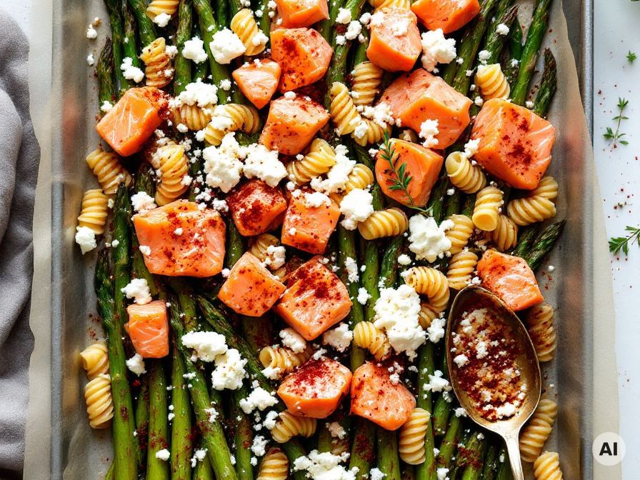 Pasta mit Spargel und Lachs vom Blech Rezept
