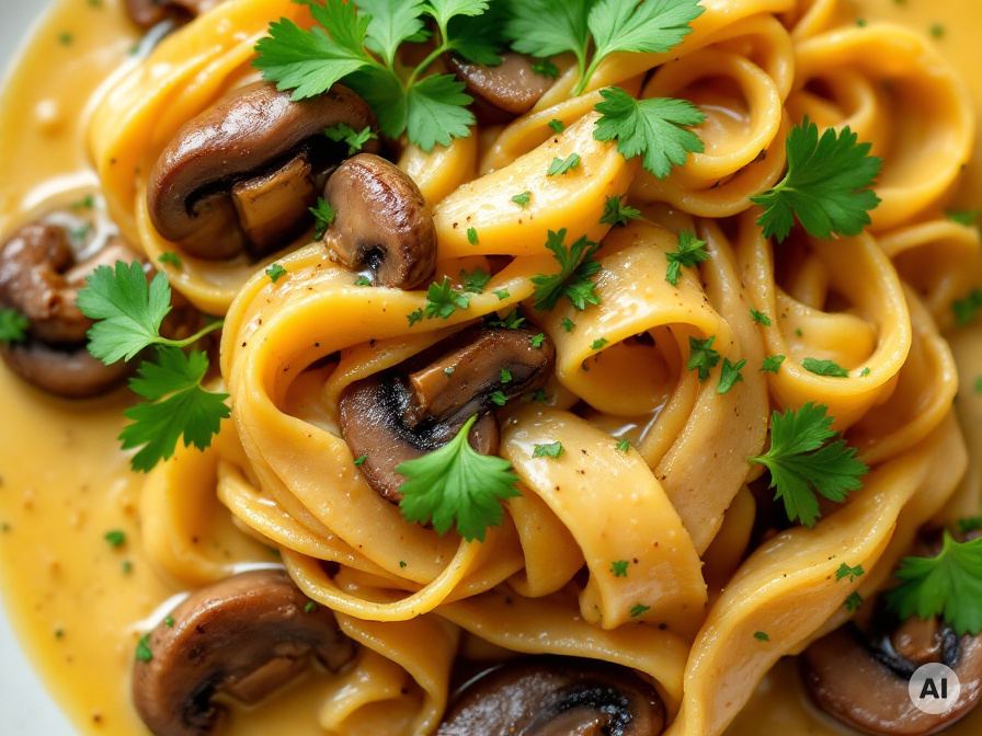 Nudeln mit Safran-Champignons-Sauce