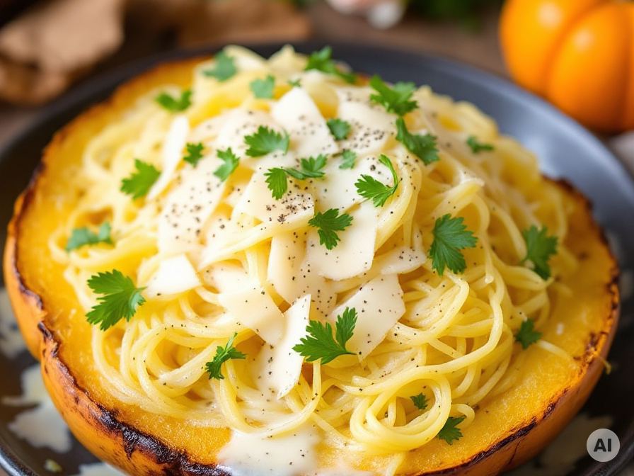 Spaghettikürbis mit Parmesansaucen Rezept