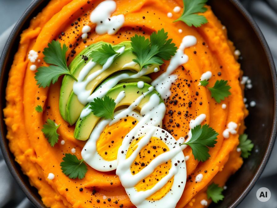 Süßkartoffelpüree mit Avocado Ei Topping Rezept