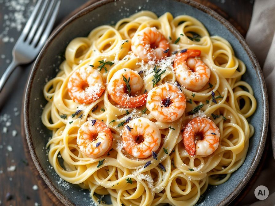 Tagliatelle mit Frischkäsesauce und Garnelen – Rezept