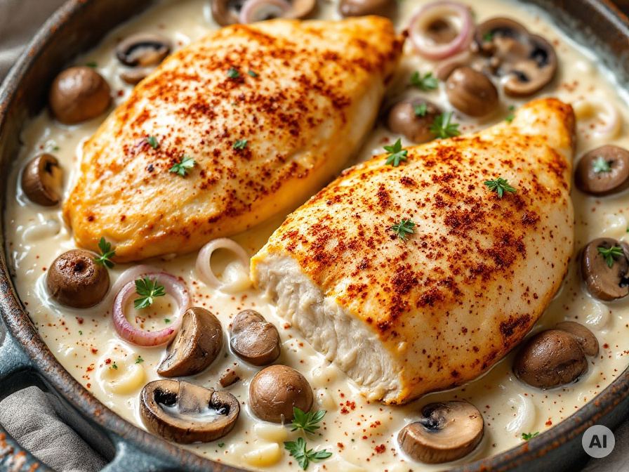 Überbackenes Hähnchen mit Champignonssauce Rezept