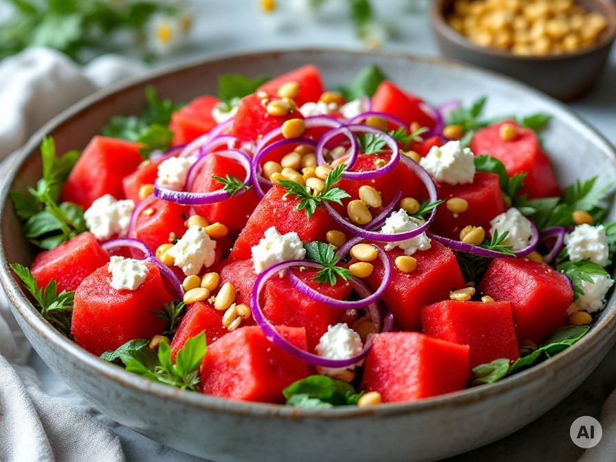 Wassermelonen Feta Salat mit Dressing – Rezept