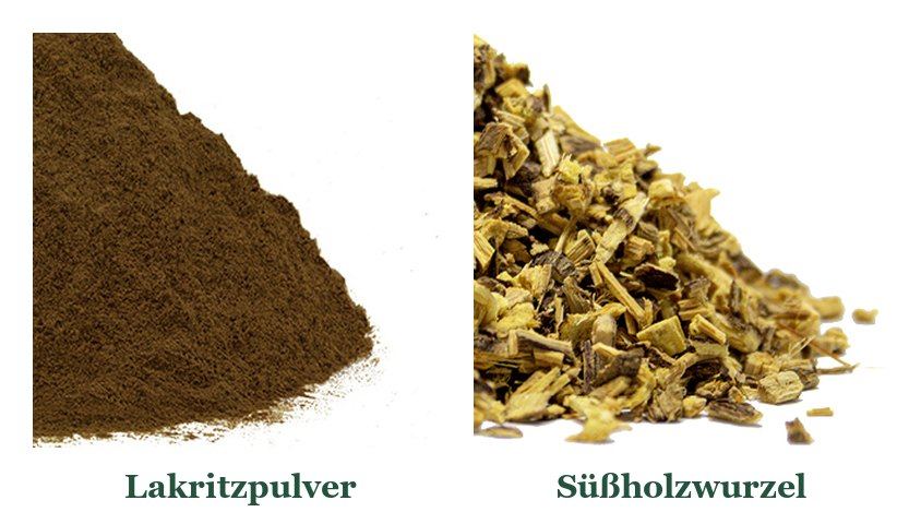 Lakritzpulver und geschnittene Süßholzwurzel im Vergleich