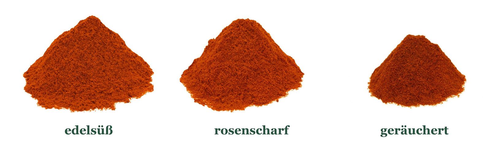 Paprikapulver edelsüß, rosenscharf und geräuchert im Vergleich