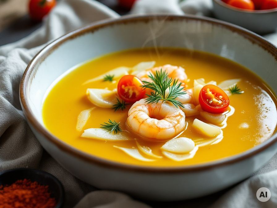 Fischsuppe mit Safran, Garnelen und Tomaten