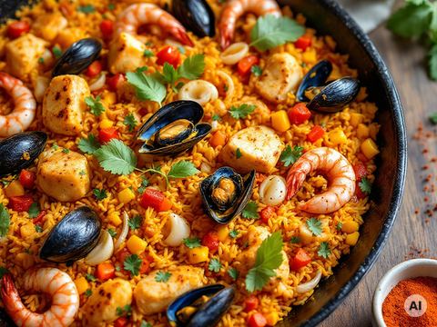 Paella mit Safran, Hähnchen, Garnelen und Muscheln in der Pfanne