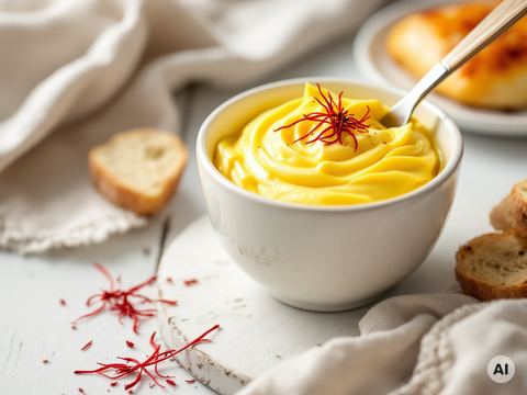 Safranbutter in einer Schale mit Safranfäden und Brot