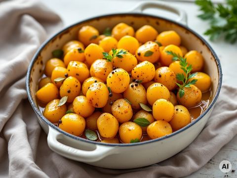 Safrankartoffeln mit Lorbeer im Bräter