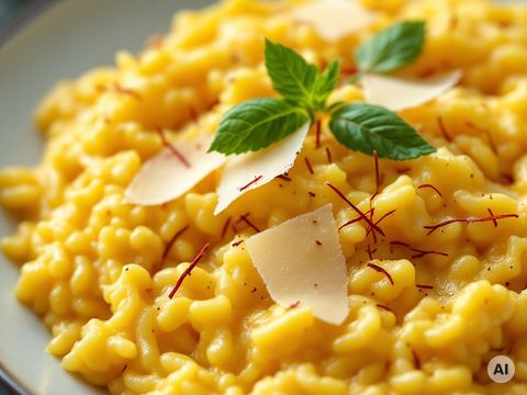 Goldgelbes Safranrisotto mit Parmesan und Safranfäden