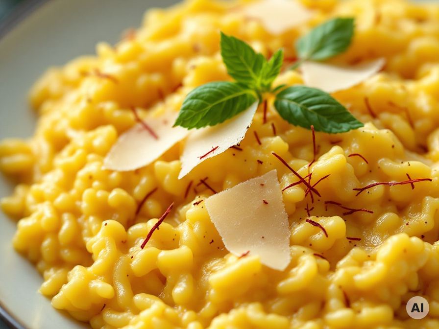 Goldgelbes Safranrisotto mit Parmesan und Safranfäden