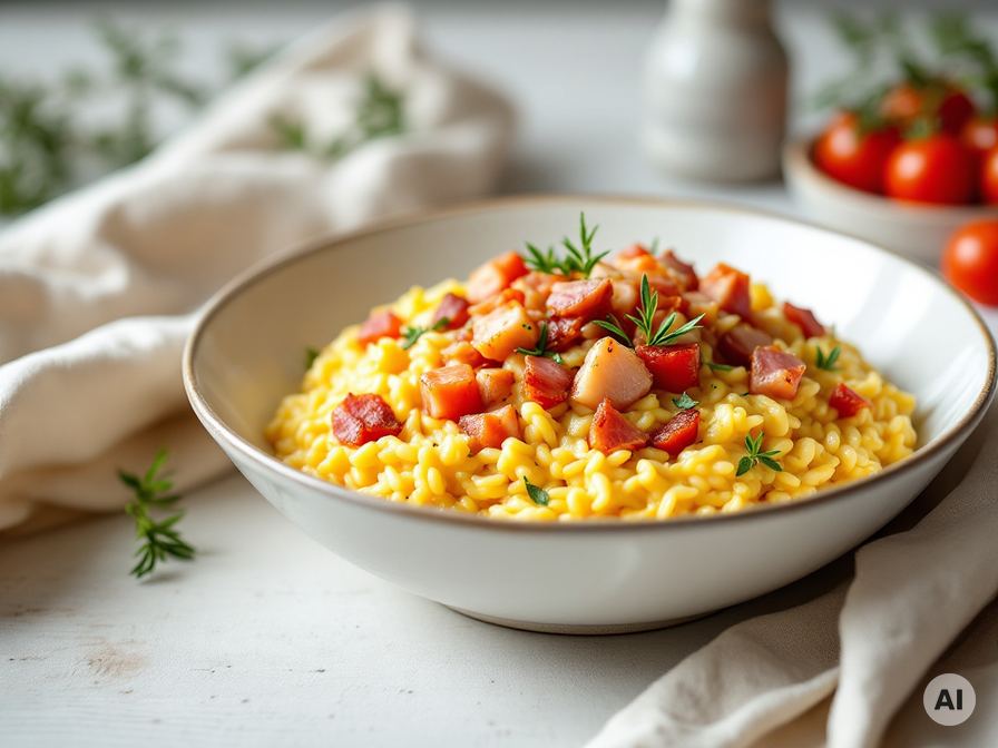 Schweizer Safranrisotto mit Kalbfleisch, Speck und Tomaten